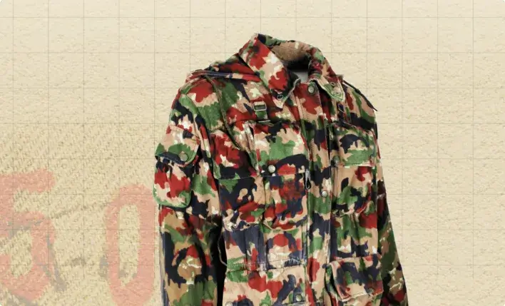 Veste militaire camouflage photographiée sur un fond texturé